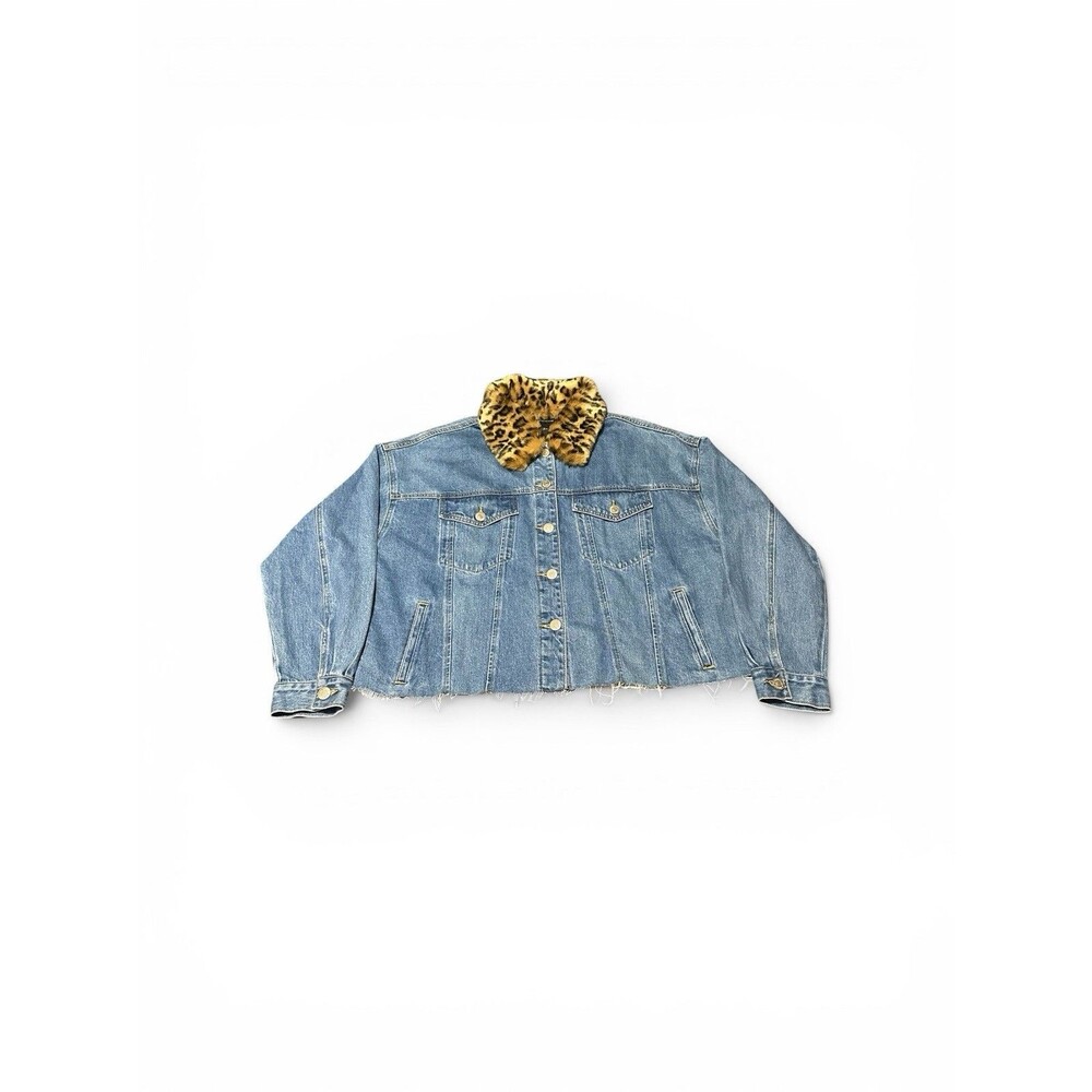 Plus Size Oversized Denim Jacket Women’s 2X Leopard Print Collar Bratz Chic Y2K